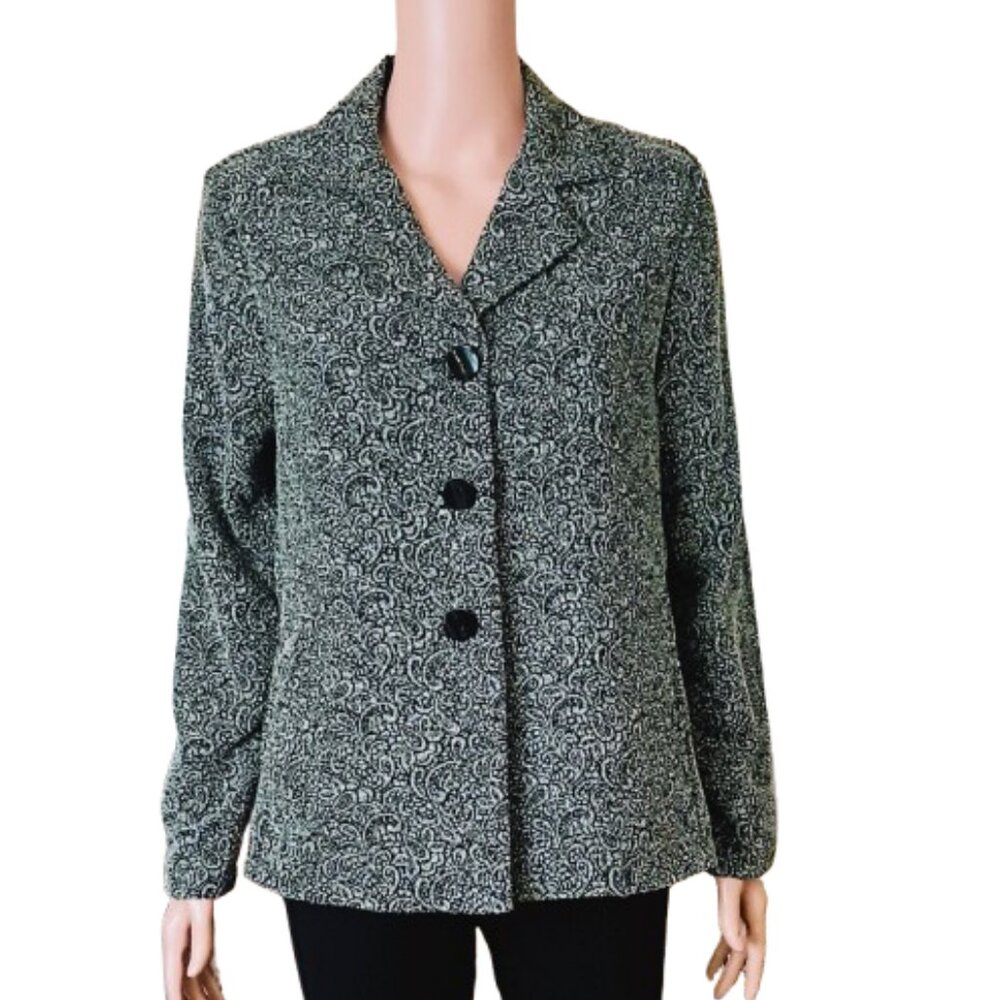 Women's Black and Gray Paisley Blazer Size S Vintage Jacket Shoulder Pads